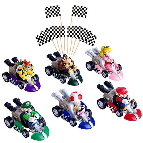 POQUAN 6 Pcs Mini Mario Kart Pull Back Cars Cake Topper Figures Toy Set (2),12 Pcs Racing Flag Cakecup Topper