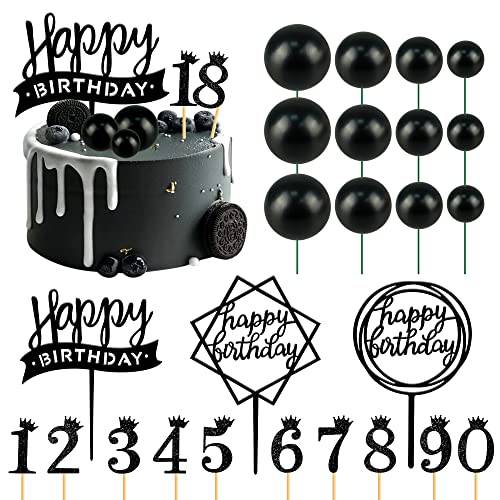25 PCS Black Ball Cake Topper Set, Acrylic Happy Birthday Cake Toppers Black Numbers 0-9 Crown Cake Topper Ball Shaped Cake Toppers Birthday Cake Decorations for Men (Black)
