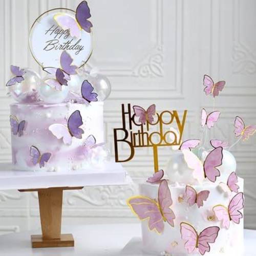 OPAH RYTAN Pack of 60 Butterfly Cake Toppers and 1 Piece Happy Birthday Cake Topper 3D Butterfly Cupcake Topper for Girls Women’s Happy Birthday Wedding Party Cake Wall Party Food Decorations