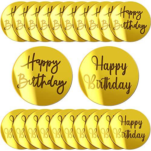 Blulu 20 Pieces Acrylic Cake Toppers Acrylic Mirror Cupcake Disc Acrylic Birthday Cupcake Topper Round Topper Circle Engraved Disc for DIY Cupcake Decoration (Gold)