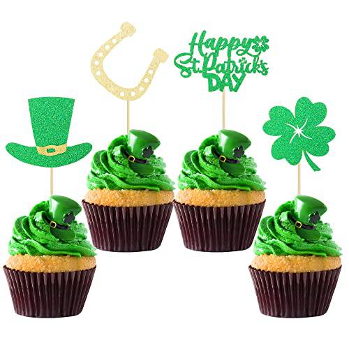 Gyufise 24 Pack Happy St Patrick’s Day Cupcake Toppers Shamrock Cupcake Toppers Four Leaf Clover Hat Cake Picks for St Patrick’s Day Party Decorations