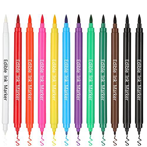 12 Pcs Food Coloring Pens Decorating Food Markers with Ultra Fine Tip (0.7 mm) Food Coloring Pens, Double Sided Food Gourmet Writers for DIY Fondant Cakes Frosting Baking Party