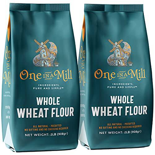 One in a Mill Whole Wheat Flour | 100% All-Natural Unbleached Presifted Bread Flour for Baking Cakes, Pie Crusts & Artisan Doughs | Rich & Nutritious | Kosher Non-GMO & No Preservatives 2 Pack 2lb Bag