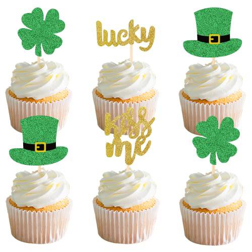 Glitter St Patricks Day Cupcake Toppers,Shamrock Cupcake Toppers Leaf Cupcake Topper,St Patricks Cupcake Toppers for St Patricks Day Cupcake Decorations St Patrick’s Day Party Decorations