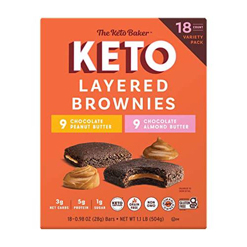 The KETO Baker – Keto Layered Brownies, Grain & Gluten Free, Chocolate Almond and Peanut Butter, Non-GMO, Variety Pack – 18 Count (9 Almond Butter & 9 Peanut Butter)