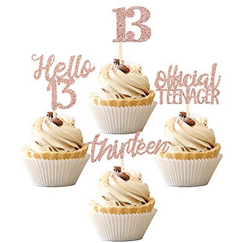 24 PCS 13th Birthday Cupcake Toppers Official Teenager Hello 13 Thirteen Cupcake Picks 13th Birthday Cake Decorations Supplies Rose Gold