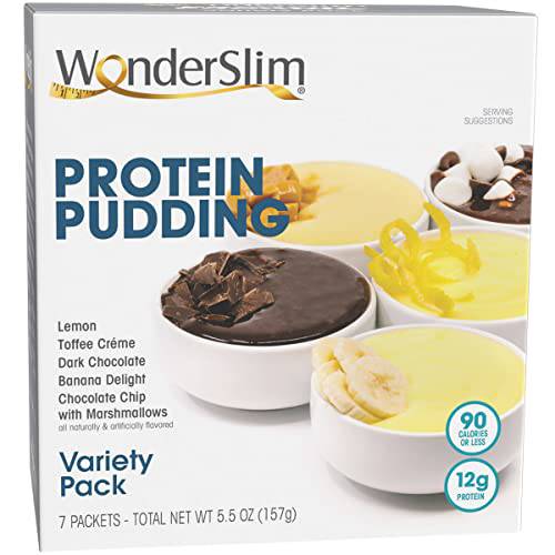 WonderSlim Protein Pudding Mix, Variety Pack - 6-7g Net Carbs, 80-90 Calories, 0.5-2g Fat, 12g Protein (7ct)