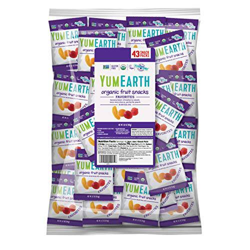 YumEarth Organic Vegan Fruit Snacks, 0.7 Ounce Snack Packs, 43 pack - Allergy Friendly, Non GMO, Gluten Free, Vegan (Packaging May Vary)