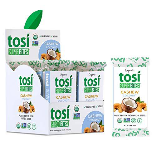 Tosi Plant Based Protein Bars, 14G Protein (Pack of 12, 2.4oz Bars), Vegan Bars, Crunchy Snacks, Cashew Coconut Bars with Flax & Chia Seeds, Gluten Free, Omega 3s
