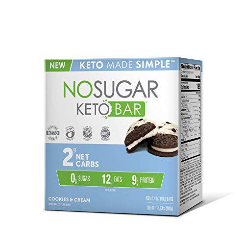 No Sugar Keto Bar Snacks - Cookie and Cream - Low Carb No Sugar Keto Snack Food Bars with Keto Friendly Macros, 2g Net Carb, 9g Plant based Protein, 12g Healthy Fat, Sugar Free (0g) - 12 x 1.41oz bars = 16.93oz box