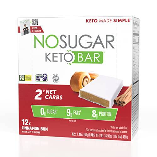 No Sugar Keto Bars (Cinnamon Bun) - Low Carb No Sugar Keto Snack Food Bars with Keto Friendly Macros, 2g Net Carb, 8g Plant based Protein, 9g Healthy Fat, Sugar Free (0g) - (12 x 1.41oz bars = 16.93oz box)