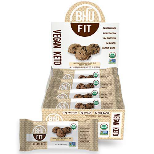 BHU Fit Vegan Protein Bars. Chocolate Chip Cookie Dough, Organic Keto Snack - Low Carb & Low Sugar, Grain & Gluten free, Dairy-free & Non-GMO (12 Bars)