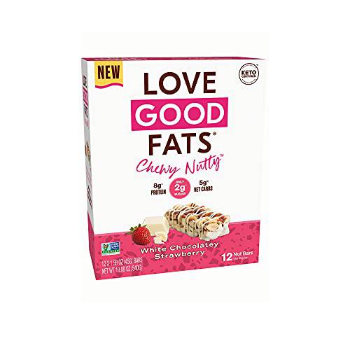 Love Good Fats Keto Protein Snack Bars - Chewy Nutty White Chocolate Strawberry with Almond & Cashew - 13g Good Fats, 8g Protein, 5g Net Carbs, 2g Sugar, Gluten-Free, Non GMO - White Chocolatey Strawberry, 12 Pack