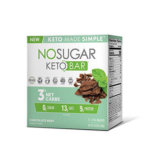 No Sugar Keto Bar Snacks - Chocolate Mint Flavor - Low Carb No Sugar Keto Snack Food Bar with Keto Friendly Macros, 3g Net carb, 9g Plant Based Protein, 13g Healthy Fat, Sugar Free (0g) (12 x 1.41oz bars)
