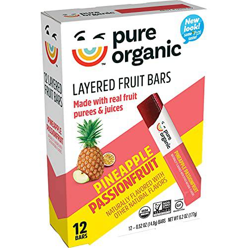 Pure Organic Layered Fruit Bars, Gluten Free, Vegan Fruit Snacks, Pineapple Passionfruit (2 Boxes, 24 Bars)