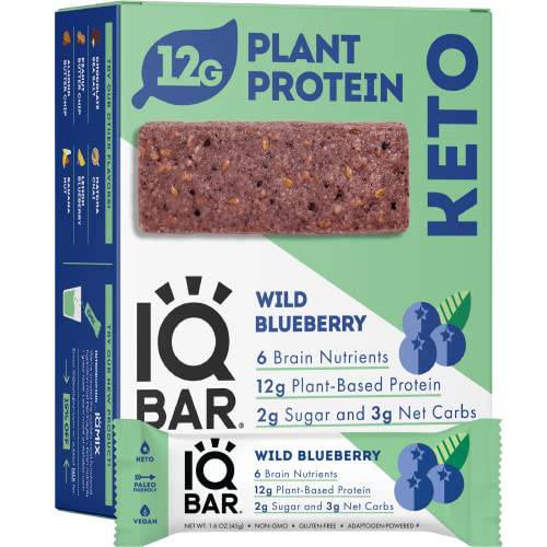 IQBAR Brain and Body Keto Protein Bars - Wild Blueberry Keto Bars - 12-Count Energy Bars - Low Carb Protein Bars - High Fiber Vegan Bars and Low Sugar Meal Replacement Bars - Vegan Snacks