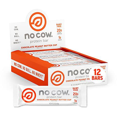 No Cow Dipped High Protein Bars, Peanut Butter Cup 20g Plant Based Vegan Protein Snacks, Keto Friendly, Low Sugar, Low Carb, Low Calorie, Gluten Free, Naturally Sweetened, Dairy Free, Non GMO, Kosher, 12 Pack