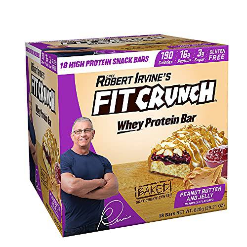 FITCRUNCH Snack Size Protein Bars, Designed by Robert Irvine, 6-Layer Baked Bar, 3g of Sugar & Soft Cake Core (18 Bars, Peanut Butter and Jelly)