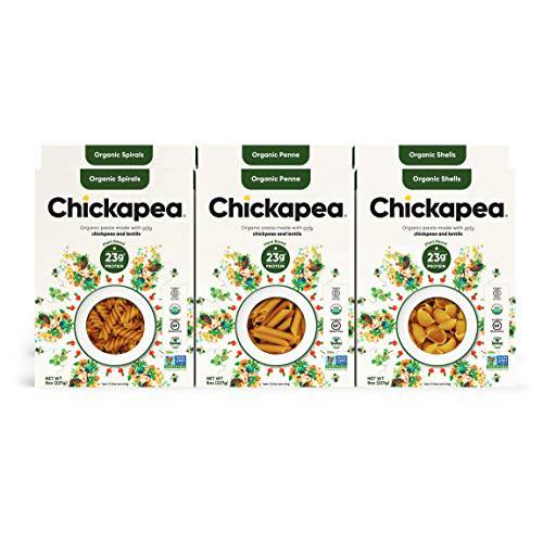 Chickpea Pasta, High Protein Organic Variety Pack by Chickapea, 2 Spirals, 2 Penne, 2 Shells, Lentil Pasta, Gluten Free, Plant Based, Non GMO, Lower Carb, High Protein, Vegan Pasta, 8 oz (Pack of 6)