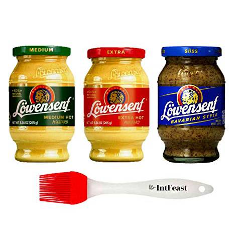 Löwensenf German Mustard Variety Pack (3 Pack) - Extra Hot Mustard 9.3oz (1 Piece) Medium Hot Mustard 9.3oz (1 Piece) Sweet and Spicy Mustard Jar 10.05oz (1 Piece) with Intfeast Silicone Pastry Brush