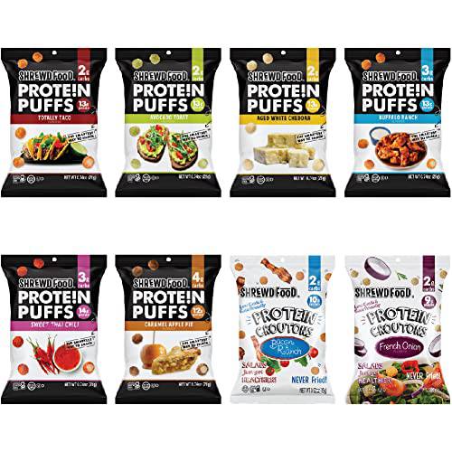 Shrewd Food Protein Puffs - High Protein, Low-Carb, Gluten-Free, Health Conscious Snacks, Keto Snacks, Non GMO, Soy-Free, Tree Nut Free, Peanut-Free, Never Fried - Variety, (6)-0.74 oz & (2)-0.52oz (Pack of 8)
