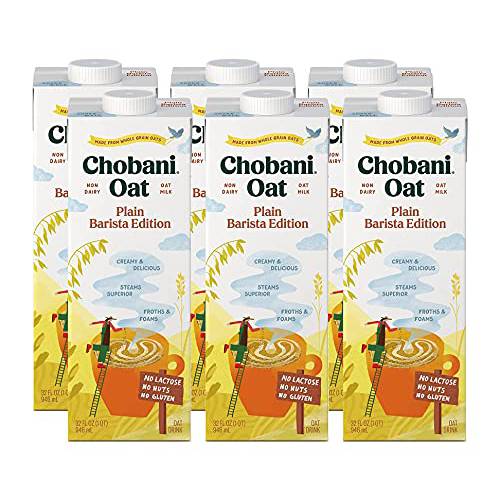 Chobani Oat Milk, Plain Oat Barista Edition, Shelf Stable Non Dairy Milk, Creamer, Vegan Friendly, Gluten-Free, 32 FL OZ (Pack-6)