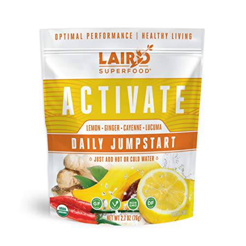 Laird Superfood Activate Daily Jumpstart Powder Drink Supplement, Lemon, Lucuma, Ginger and Cayenne Cleanse, Organic, 2.7 Oz Bag, Pack of 1