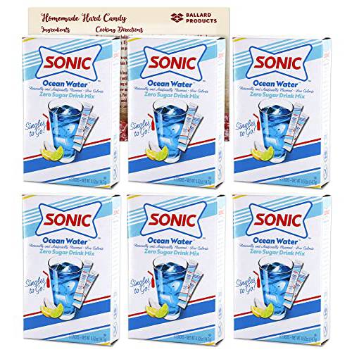 Sonic Ocean Water Singles to Go Drink Mix | 6 Boxes - 36 Flavor Packets of Sugar Free Water Enhancer Drink Mix Powder | Bundle with Ballard Products Hard Candy Recipe Card