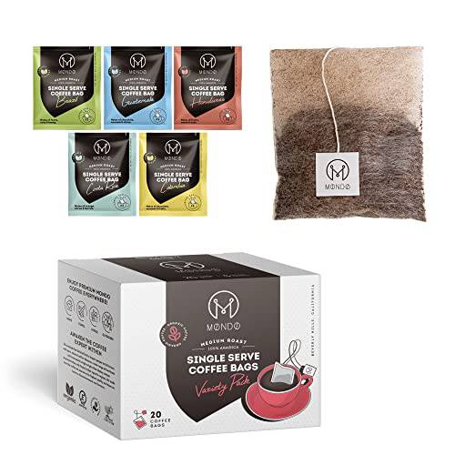 Mondo Single Serve Steeped Coffee Bags (20 Cups) Variety Pack - Organic, Medium Roast - Disposable, Portable Coffee Filters for Camping and Travel, Sampler Box of 5 Ground Coffee Flavors