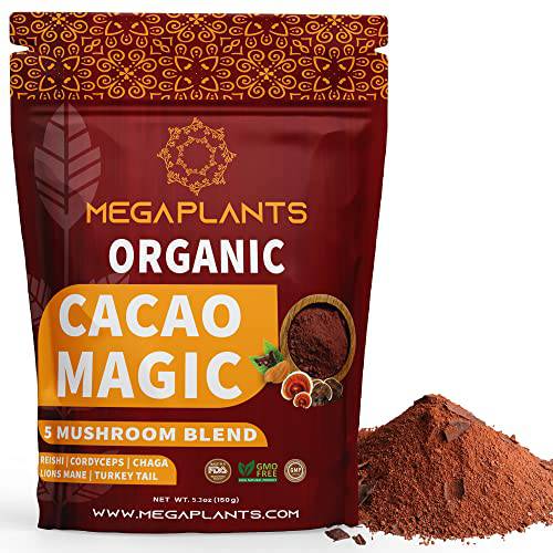 Cacao Magic | Superfood 5 Mushroom Blend for Focus, Mental Clarity & Energy | Lions Mane, Reishi, Chaga, Cordyceps, Turkey Tail | Smoothie, Hot Chocolate, Coffee Alternative (50 Servings)