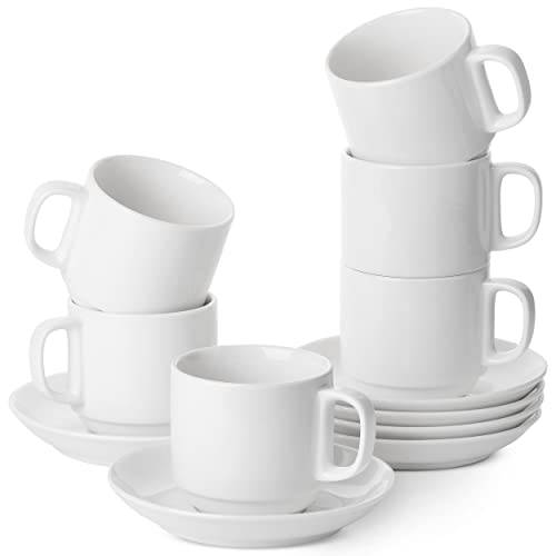 BTaT- Stackable Tea Cups and Saucers, White, Set of 6 (8 oz), Cappuccino Cups, Coffee Cups, White Tea Cup Set, British Coffee Cups, Porcelain Tea Set, Latte Cups, Christmas Gift