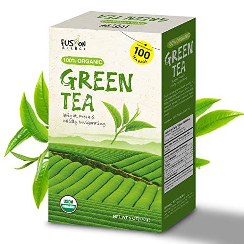 Fusion Organic Green Tea - Fresh Herbal Camellia Sinensis Drink with Mild & Bright Flavor - Easy to Brew - Relaxing Tea Beverages with Antioxidant Support - 100 Individual Tea Bags per Box