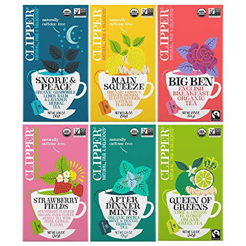 Clipper Tea Best Sellers Organic Tea Collection - Hand Selected Variety Pack, English Breakfast, Snore and Peace, After Dinner Mints, Queen Greens, Strawberry and Elder Flower, and Lemon & Ginger Teas Pack of 6, 120 Unbleached Tea Bags