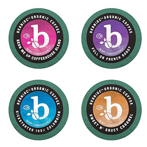 beaniac Big Buzz Variety Pack, Single Serve Coffee K Cup Pod Variety Pack, Rainforest Alliance Certified Organic Arabica Coffee with Natural Flavors, 75 Compostable Plant-Based Coffee Pods, Keurig Brewer Compatible
