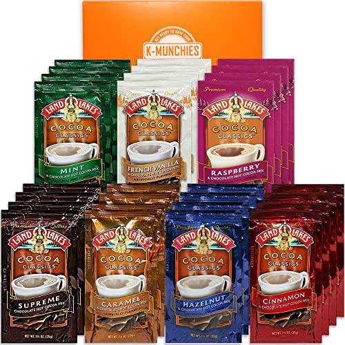 K-Munchies Land O Lakes Premium Hot Chocolate Mix - 28 (1.25 oz) Assorted Hot Cocoa Packets in a Box with 7 Classic Flavors - Rich Creamy Flavors in Every Sip - Hot Chocolate Gift Sets for Any Season
