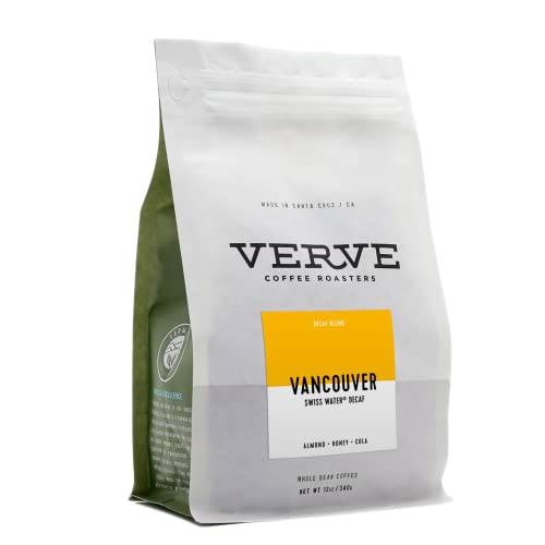 Verve Coffee Roasters Whole Bean Coffee Vancouver Swiss Water Decaf | Medium Roast, Espresso | No Caffeine, Direct Trade, Resealable Pouch | Enjoy Hot or Cold Brew | 12oz Bag