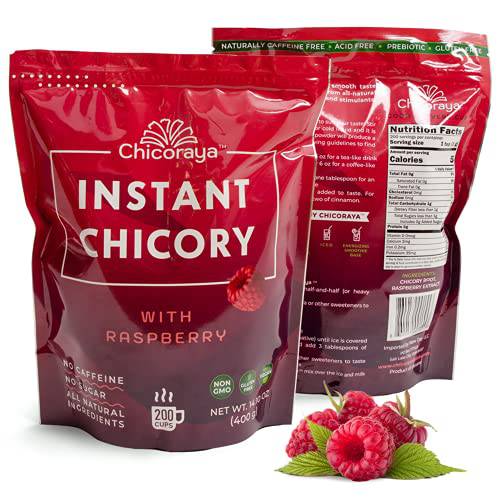 CHICORAYA Instant Chicory Coffee - Best for Decaf and Diet - Keto & Vegan Beverage Blend - Coffeine-Free Cofee Substitute Alternative - Roasted Root Powder, No Sugar (Raspberry, 14.1 oz)