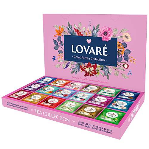 Tea Collection Set By Lovare Made in Ukraine - Black and Green, Fruit, Lavender, Herbal, Peach Assorted Tea Samplers - Fancy Variety of Tea Packets - Gift Box For Flavored Tea Lovers Men & Women - 90 bags - 18 tastes