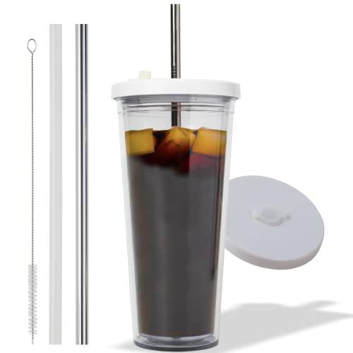 Reusable Iced Coffee Cup (24 Oz/Venti), Leak Proof and Double Wall Insulated Iced Coffee Tumbler, Come with Reusable Plastic and Metal Straws and Straw Cleaner