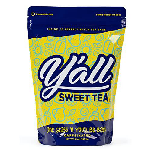 Y’all Sweet Tea - Resealable Pack of 10 Perfect Batch Tea Bags - One Gallon Size (Caffeinated) - Makes The Best Southern Sweet Tea