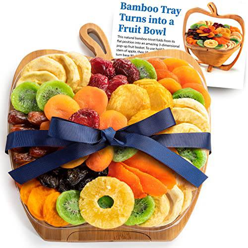 Dried Fruit Favorites on Apple Shape Bamboo Tray, Converts to Bowl for Birthday, Thank You, Corporate Gifts by Blue Bow Gourmet