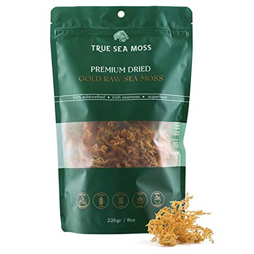 Sea Moss Raw Gold Premium Dried by TrueSeaMoss - Organic Wildcrafted SeaMoss Raw - 100% Organic Irish Sea Moss - Dried Sea Moss Advanced Drink Clean and Sundried (8oz)… (8oz)