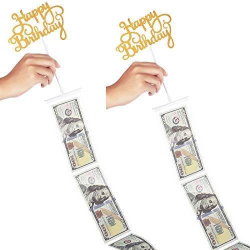 2 Set Money Cake Pull Out Kit Include 2 Pulling Money Box 2 Plastic Roll 40 Transparent Bag Connected Pocket and 2 Happy Birthday Cupcake Topper for Graduation Wedding Party Decorations