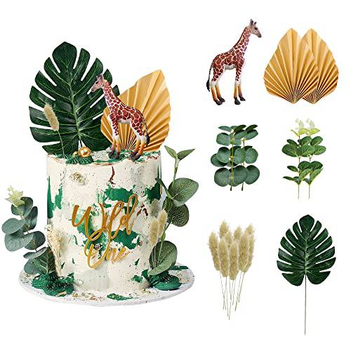 18 PCS Realistic Giraffe Safari Jungle Animal Cake Toppers with Artificial Plam Leaves Eucalyptus Leaves Decors for Wild Theme Birthday Party