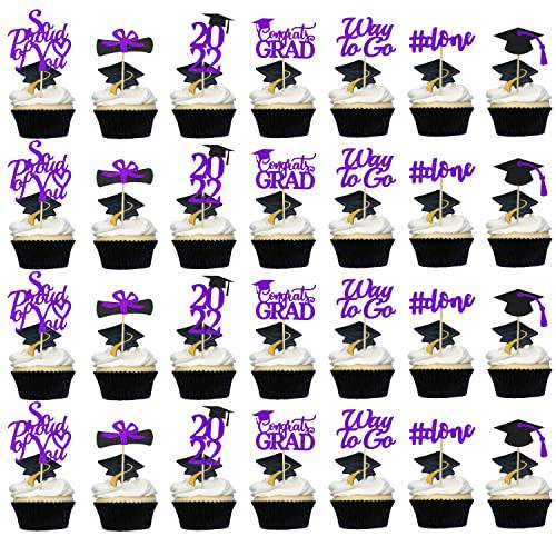 Graduation Cupcake Toppers 2022 Purple, Glitter Class of 2022 Cupcake Toppers Supplies, Class of 2022 Congrats Grad Cap Diploma Cupcake Picks for Graduation Party Decorations 2022 Purple and Black - 35Pcs