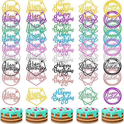 40 Pieces Happy Birthday Cake Toppers Glitter Birthday Cupcake Topper Assorted Color Cake Pick Decorations for Birthday Party Cake Desserts Pastries, 5 Styles