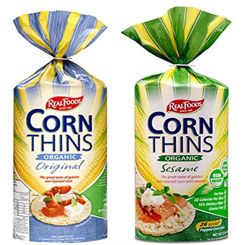 Real Foods Corn Thins - 2 Original, 2 Sesame, 5.3 Oz Each - (Pack of 4 Total) With SHOPPING ALA CART Sticker, Bookmark and Stay-Fresh Packaging Guarantee