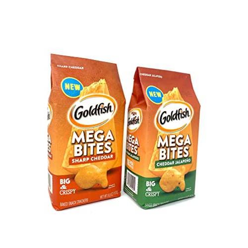 Goldfish Mega Bites 2 Flavor Variety Bundle -Includes Cheddar Jalapeno & Sharp Cheddar Flavor Baked Snack Crackers, (2) 5.9 oz bags-PACK OF 2