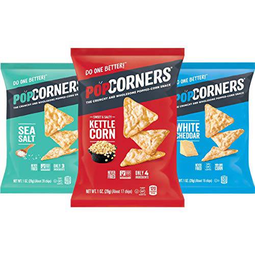 Popcorners Snacks Variety Pack | Gluten Free Chips Snack Packs | Kettle Corn, White Cheddar, Sea Salt | 1 Ounce (Pack of 18)