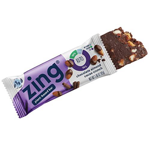 Zing Bars Plant Based Low Carb Keto Protein Bar, Chocolate Almond Cacao Crunch, 8g Protein, 3g Net Carbs, 1g Sugar, Vegan, Gluten Free, 1.48 Oz (Pack of 12)